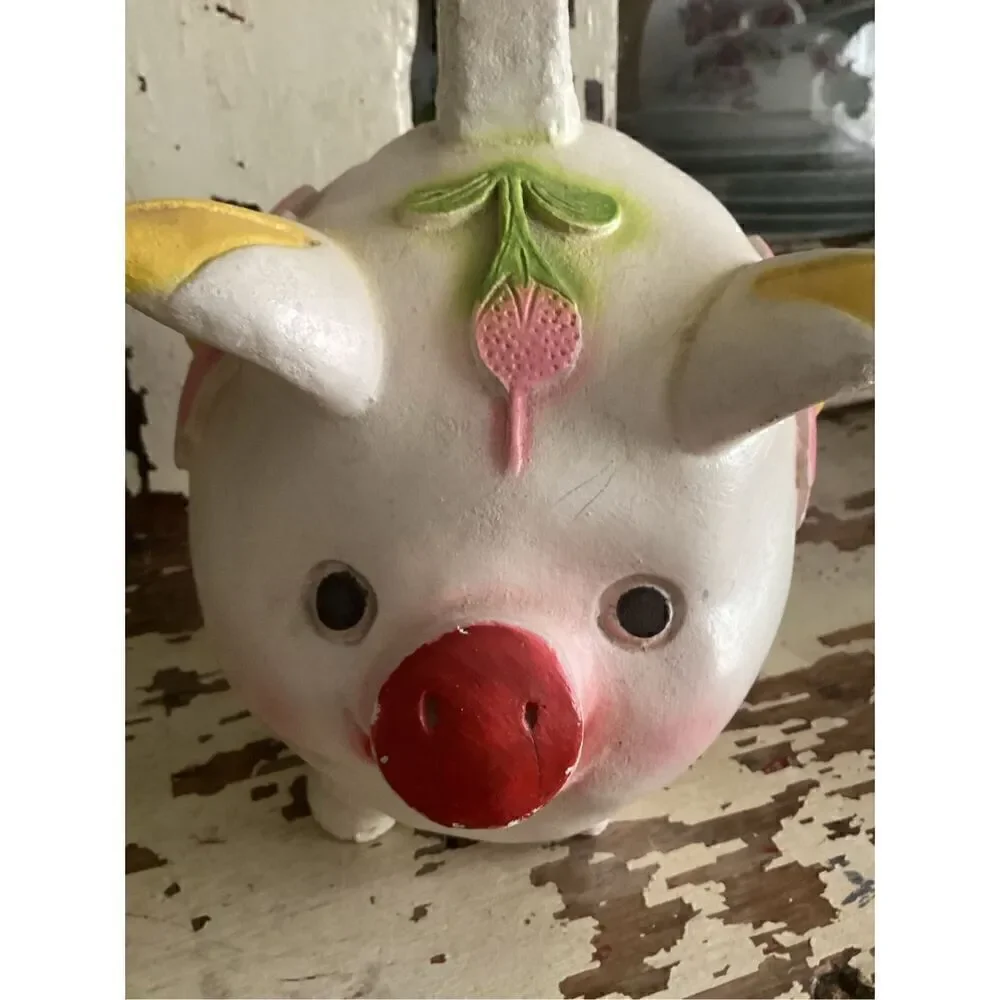 Mexico Folk Art Chalkwsre Plaster Piggy Bank Handmade 1970s Flowers